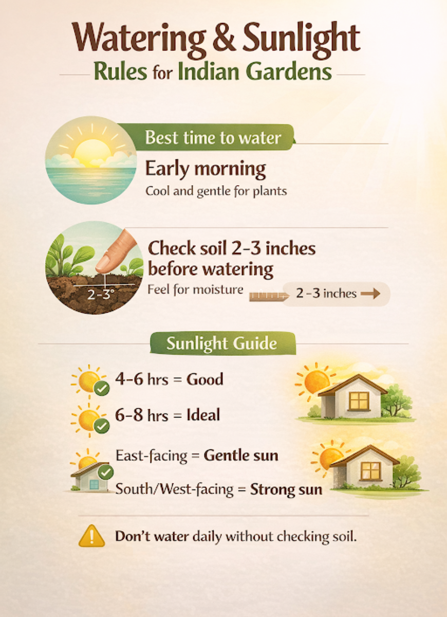 Watering and sunlight cheat sheet for Indian gardening showing early morning watering, checking soil before watering, and sunlight needs of 4-8 hours depending on plant type.